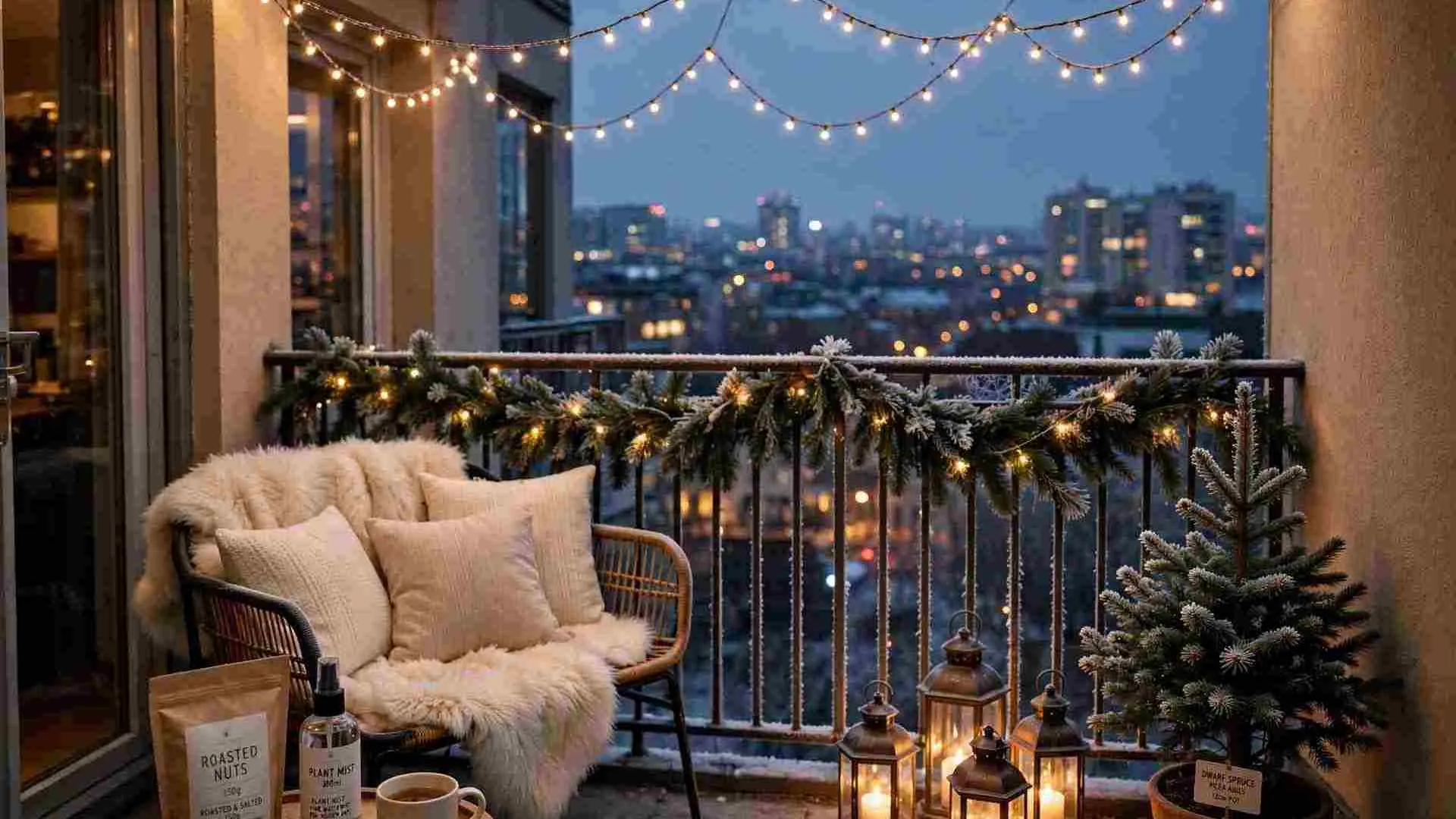 Cozy small balcony decor for winter: string light canopy over a frosted balcony with lit pine garland, glowing lanterns, faux fur seating and a potted dwarf spruce at dusk