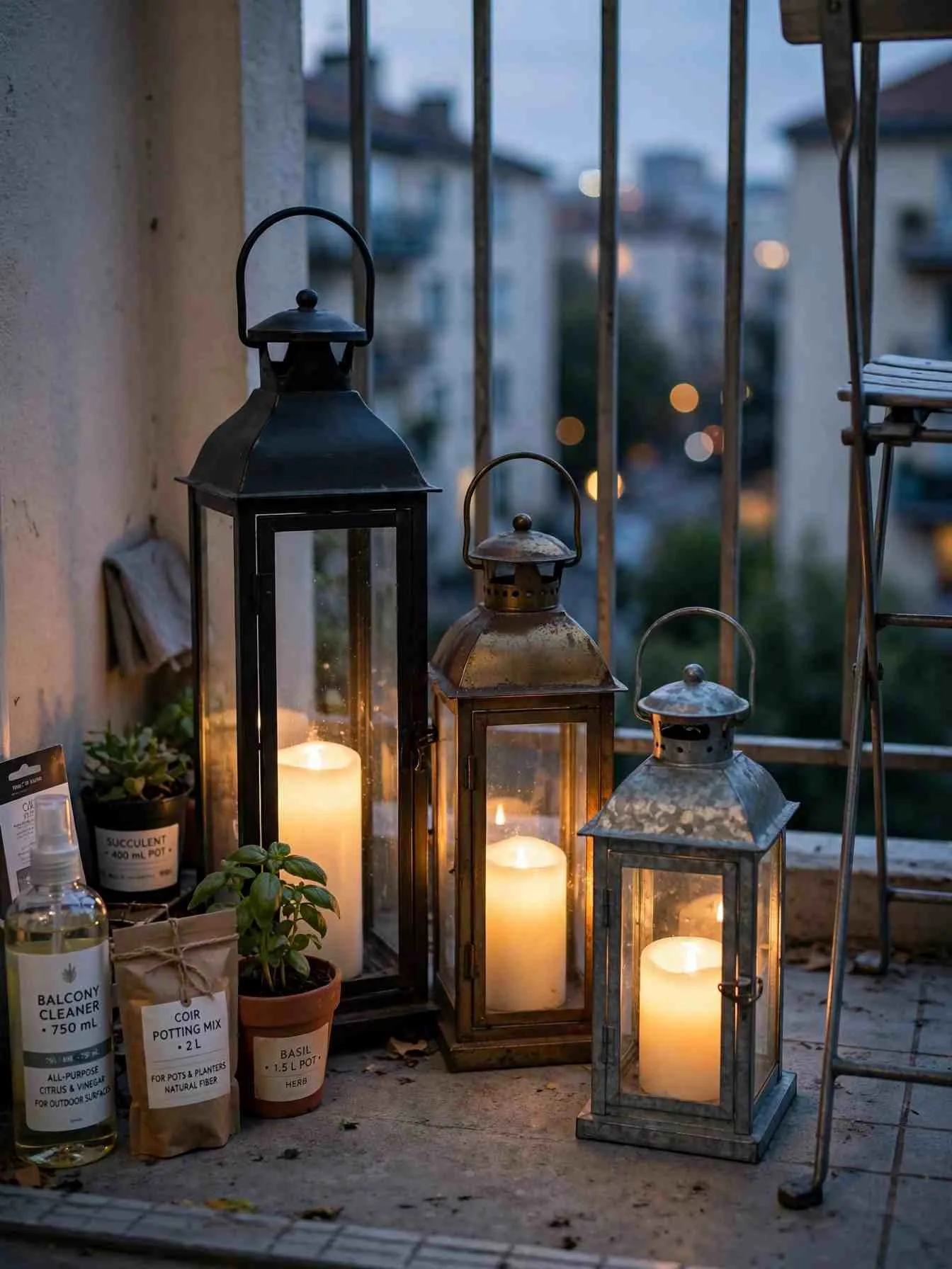 Three glowing metal lanterns in matte black, aged brass and galvanized steel with flameless candles on a small balcony floor at dusk