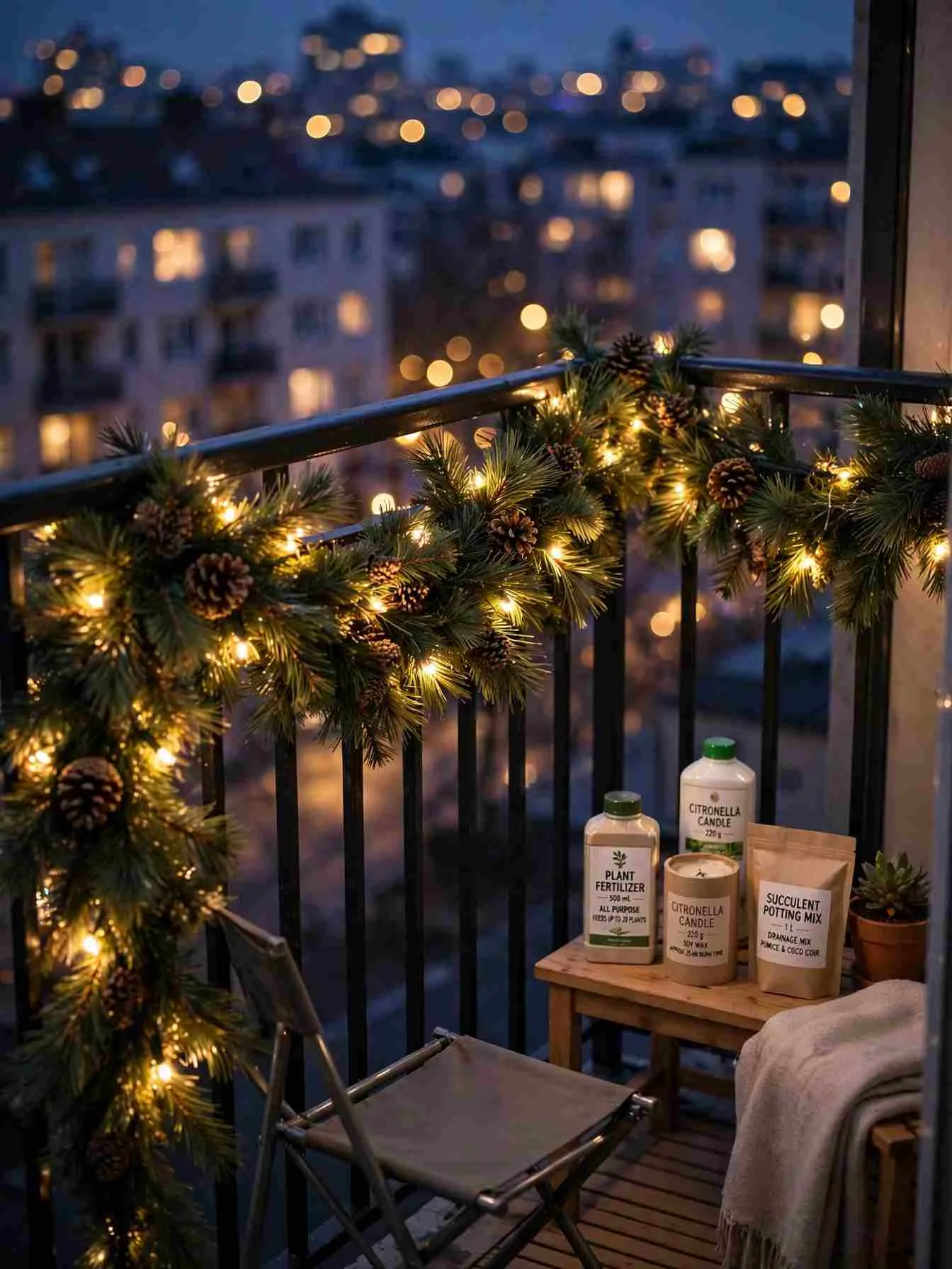 Close view of balcony railing wrapped in pre-lit pine garland with warm fairy lights and pinecones, city lights blurred behind