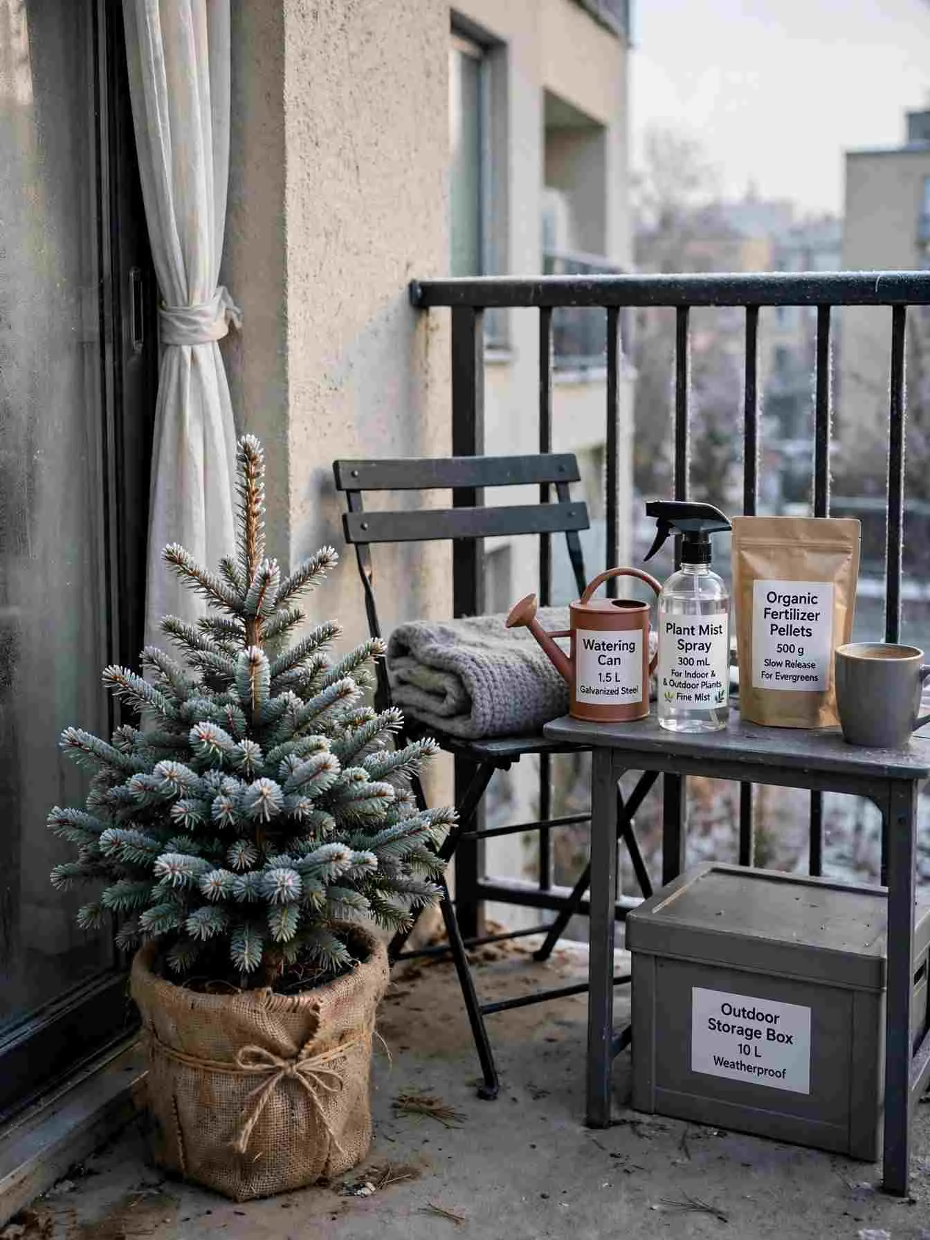 Dwarf Alberta spruce in a heavy ceramic pot wrapped in burlap and twine in a balcony corner, frost on the needles in winter morning light