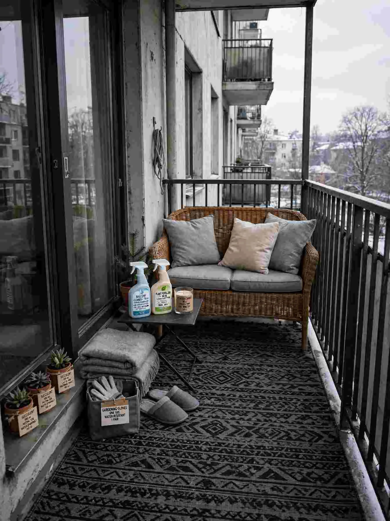 Dark-patterned polypropylene outdoor rug on a small balcony floor beside compact cushioned seating in winter daylight