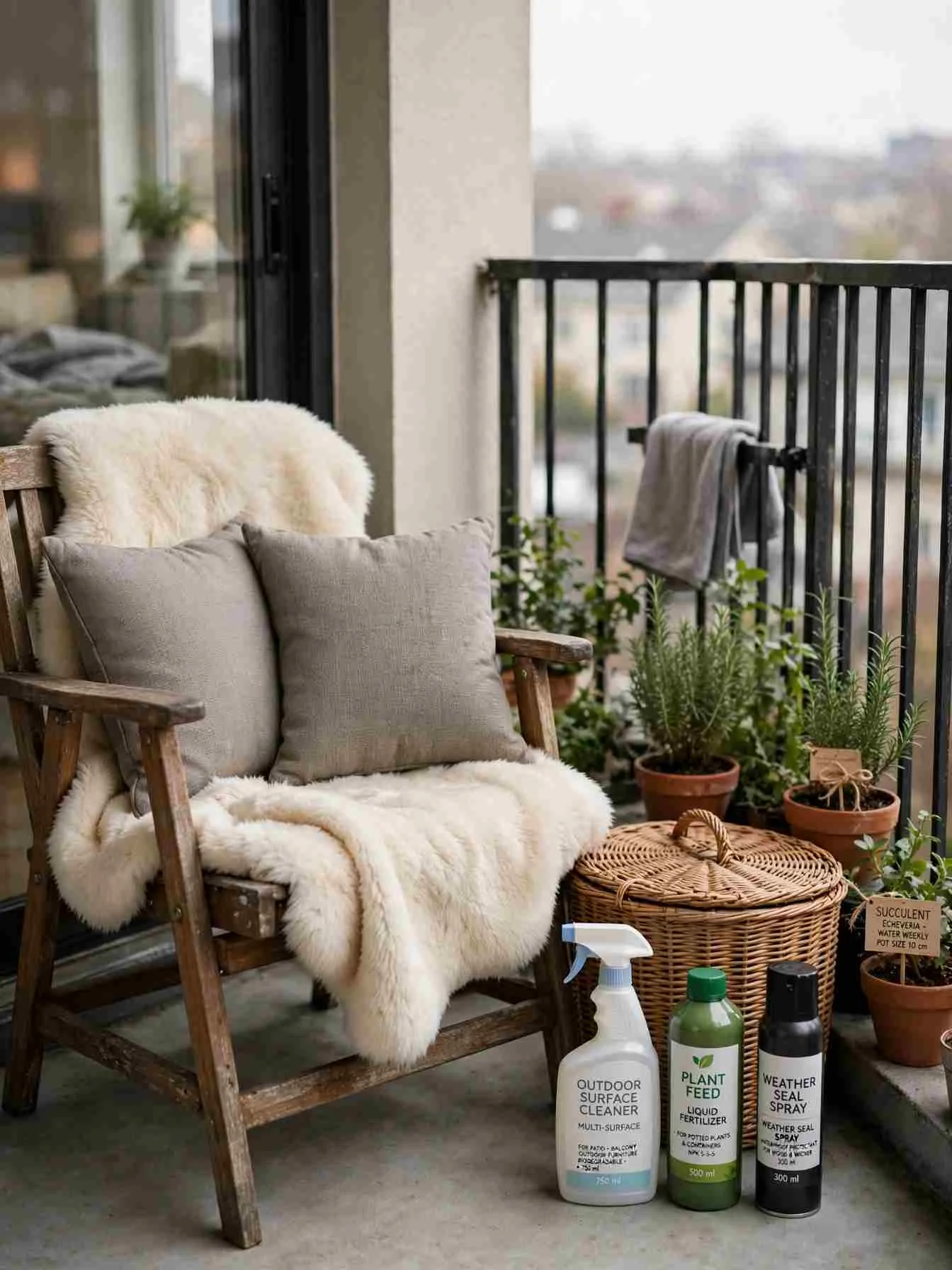 Balcony chair draped with a cream faux fur throw and two weather-resistant textured cushions in warm gray, lidded wicker basket beside it