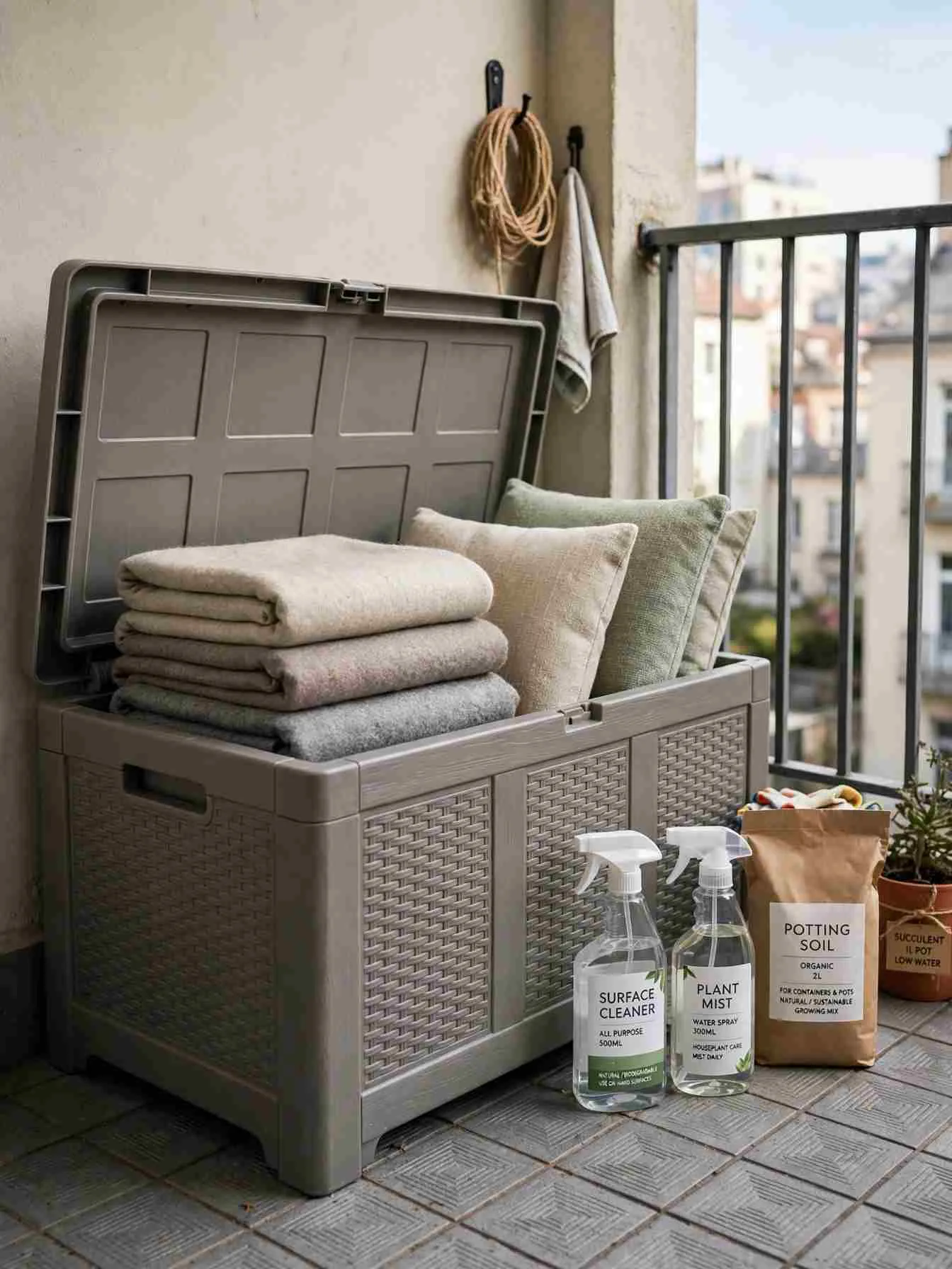 Resin storage bench with the lid open showing neatly folded wool throws and cushions, against a balcony wall in daylight