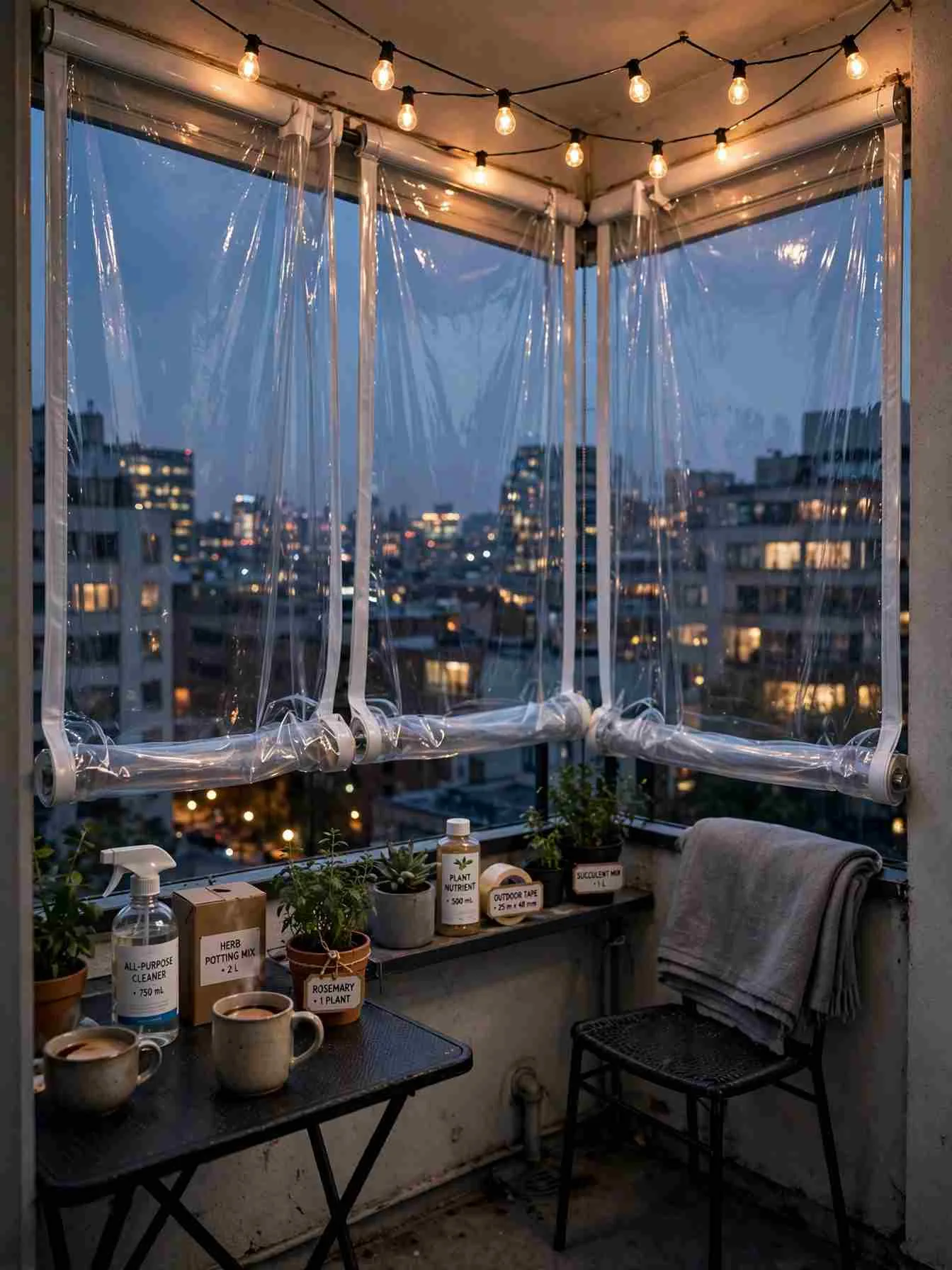 Small balcony with clear vinyl roll-down curtains partially lowered, city view through the clear panels and string lights above at dusk