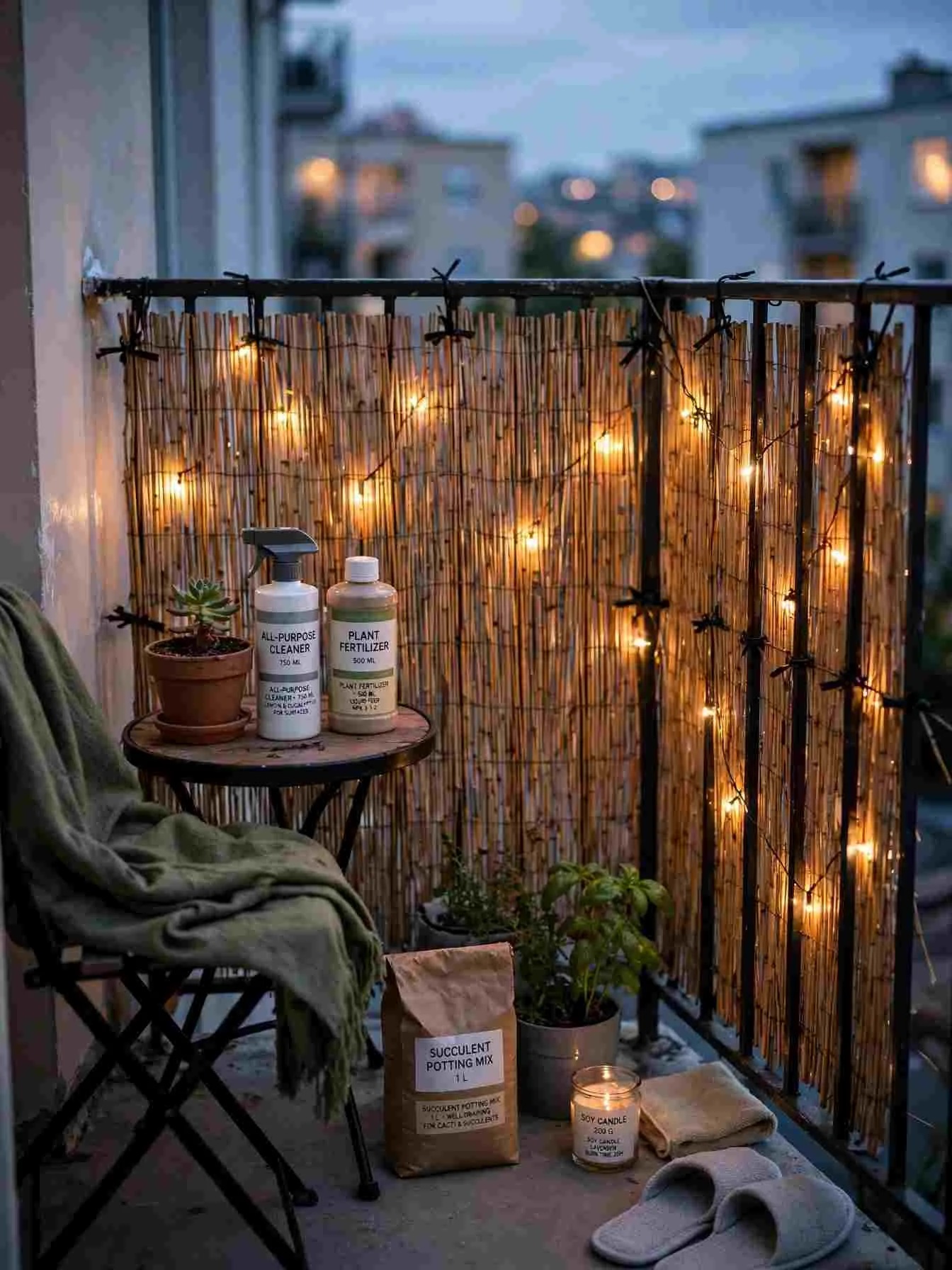 Bamboo reed screen zip-tied to a balcony railing with warm fairy lights woven through the reeds, glowing at dusk