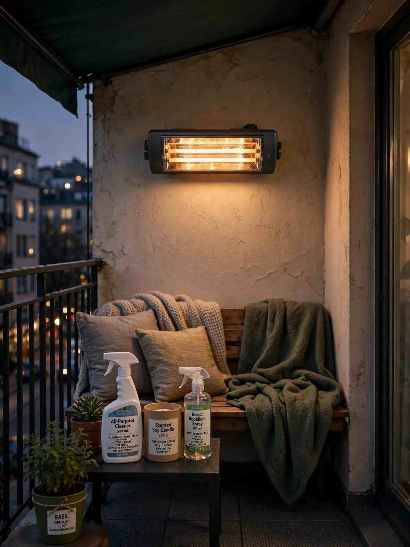 Compact wall-mounted infrared patio heater glowing warm on the wall of a small covered balcony, seating with knit throws below