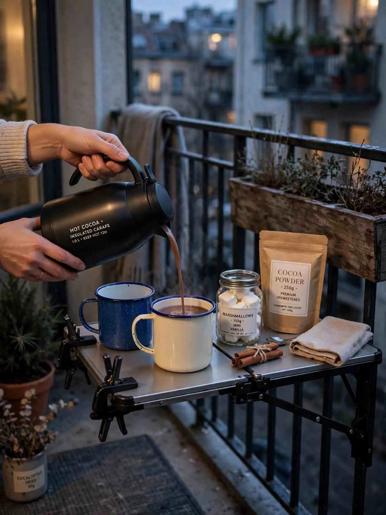 Fold-down table clamped to a balcony railing set as a cocoa bar with an insulated carafe, enameled mugs and a jar of marshmallows, a woman's hands pouring cocoa
