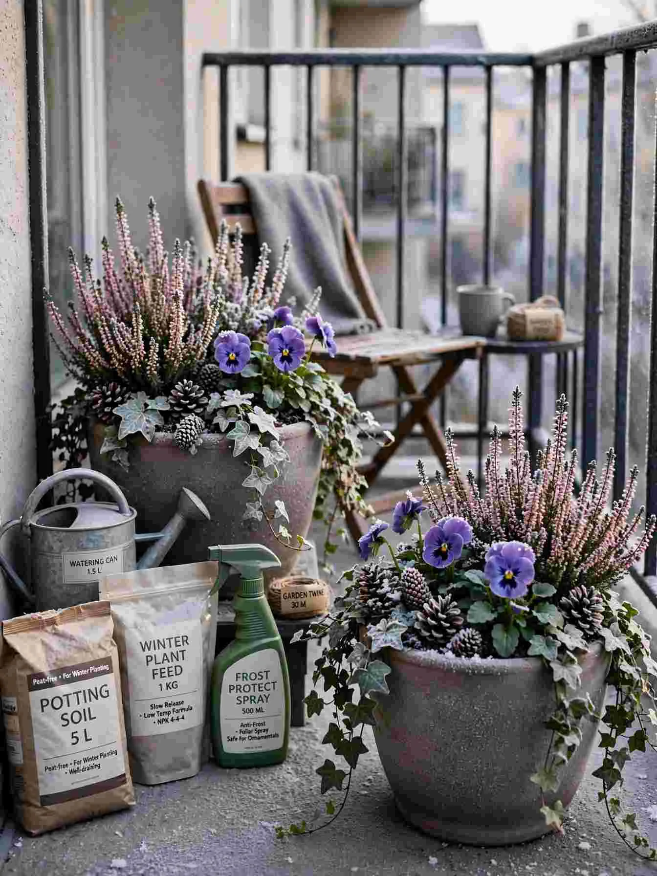 Frost-proof planters with pink and white winter heather, purple pansies and trailing ivy on a small balcony with light frost