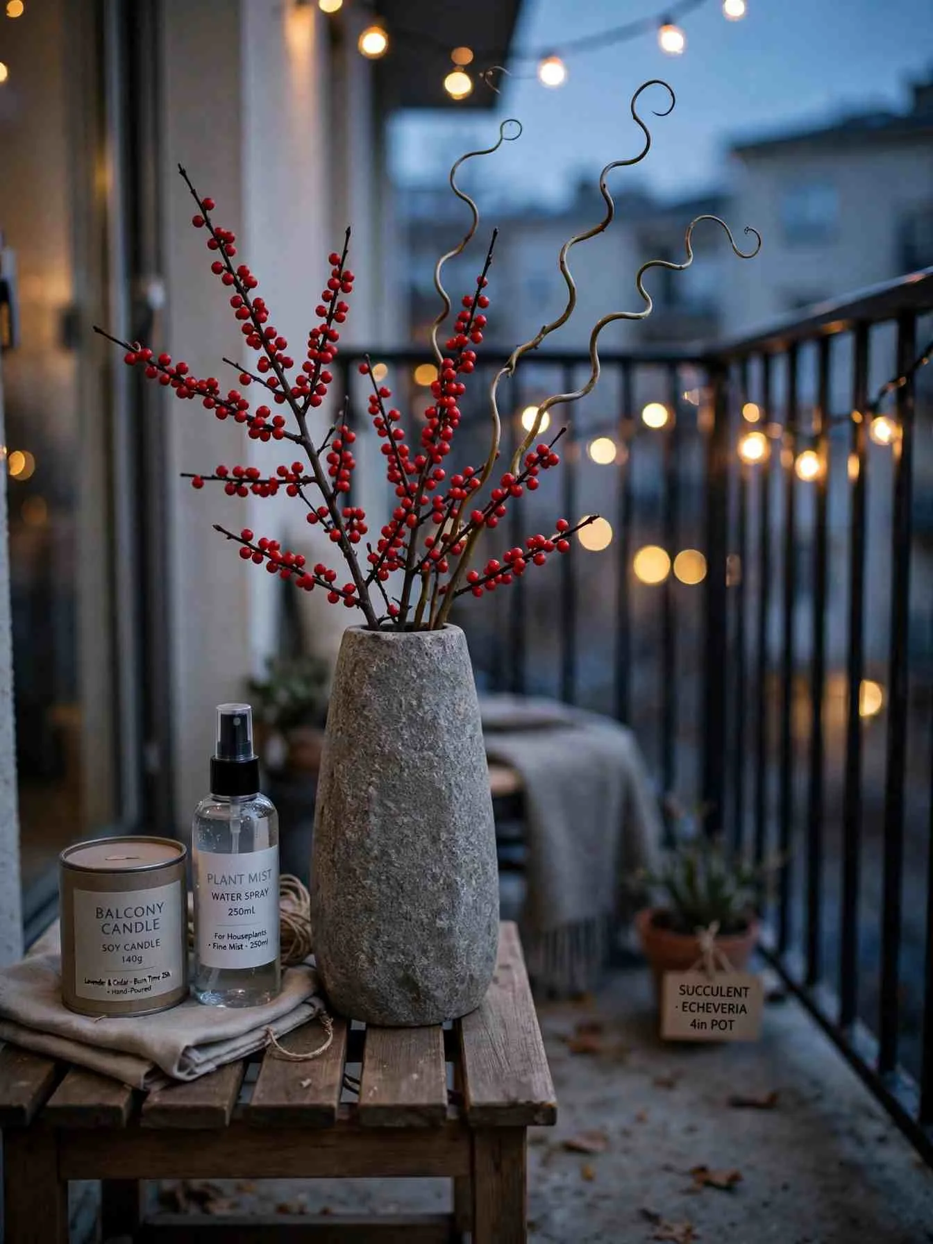 Tall weighted stone vase with red winterberry branches and curly willow stems on a small balcony side table, string lights blurred behind