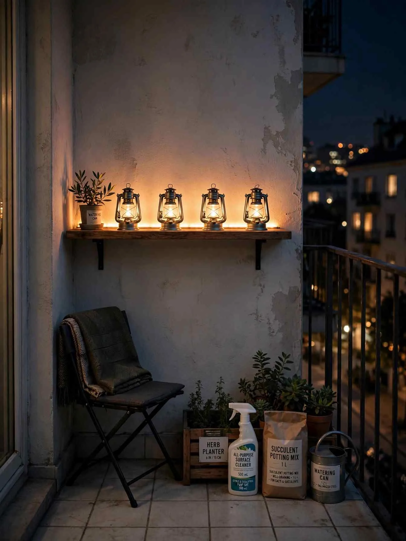 Narrow wall-mounted wooden shelf on a balcony wall holding a row of four small glowing lanterns at night