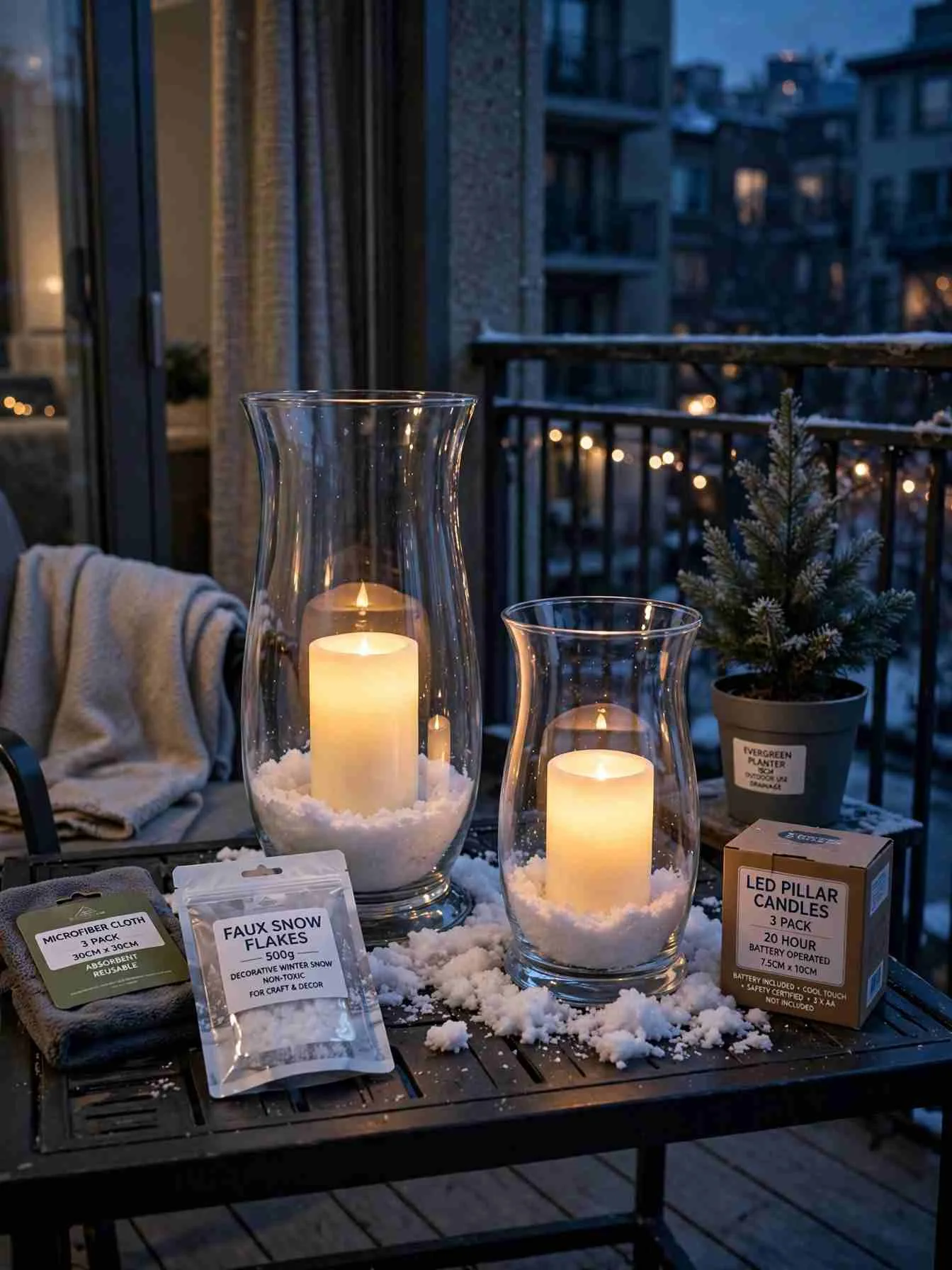 Two glass hurricane vases of different heights with glowing LED pillar candles on an outdoor tray table, faux snow at the base