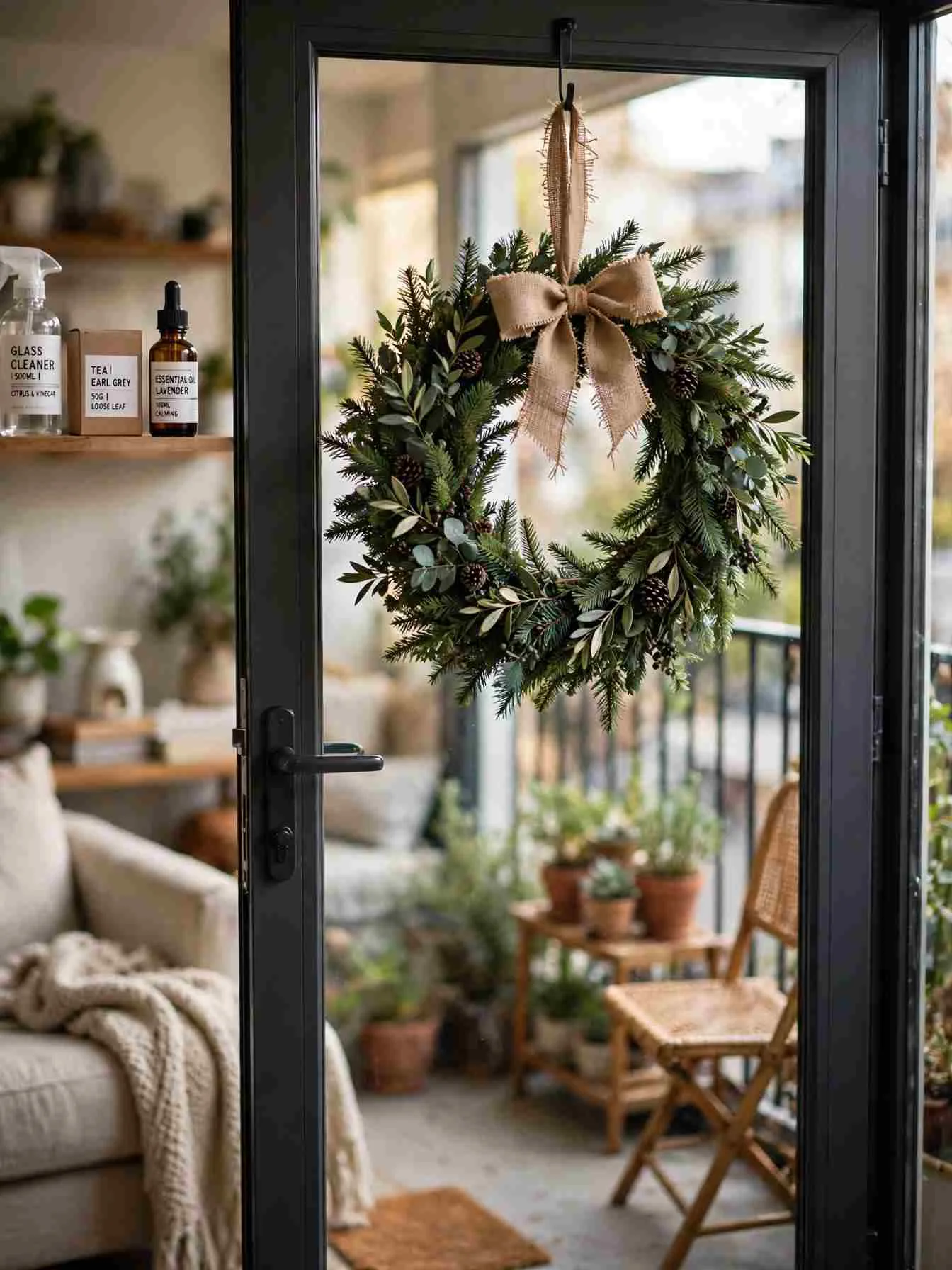 Evergreen wreath with a burlap bow hanging on a glass balcony door, cozy interior softly blurred behind