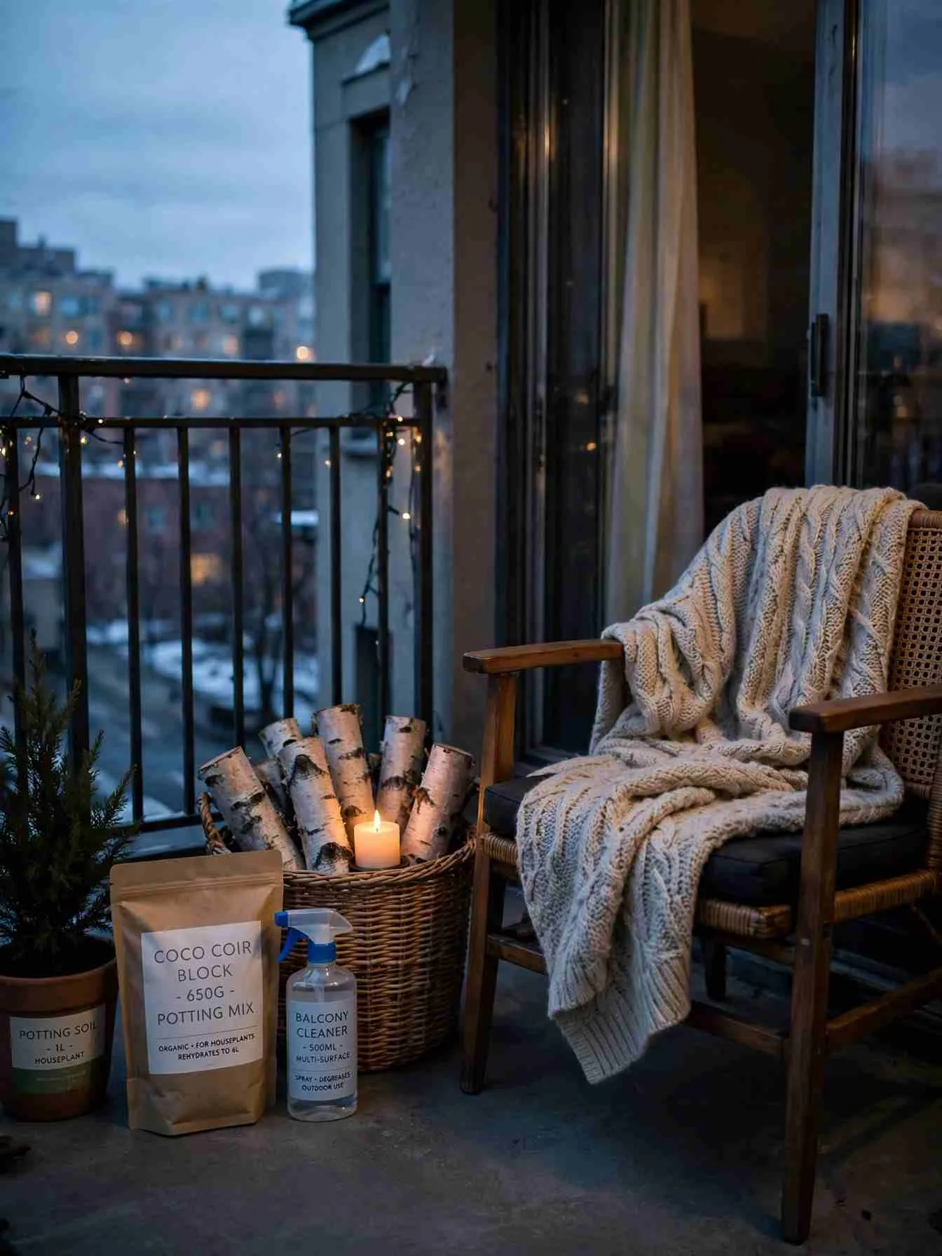 Woven basket of birch logs beside a balcony armchair with a wool throw, small LED candle glowing on the logs at winter dusk
