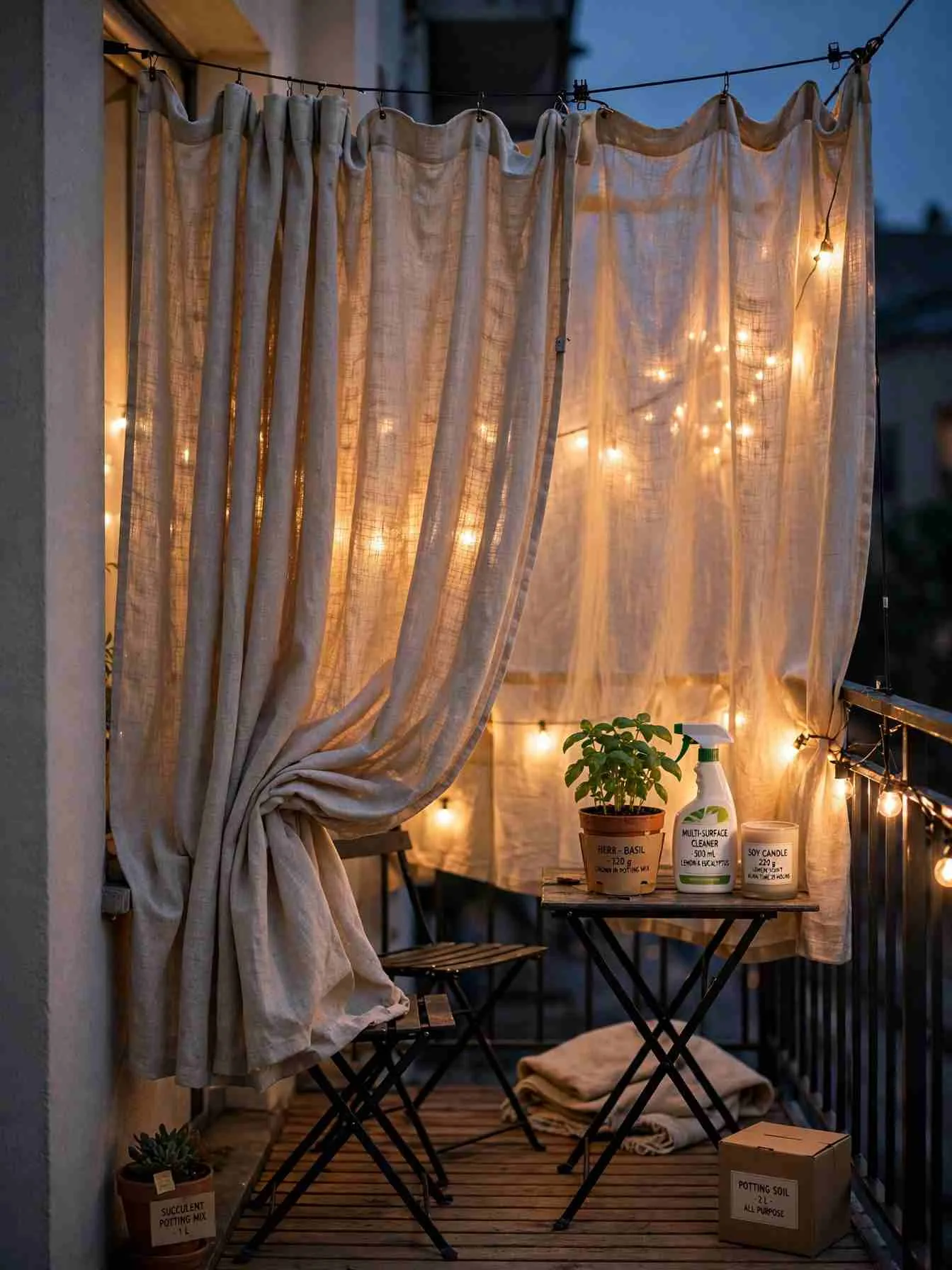 Oatmeal outdoor curtain panels on a tension wire drawn three-quarters closed on a small balcony, string lights glowing behind the fabric