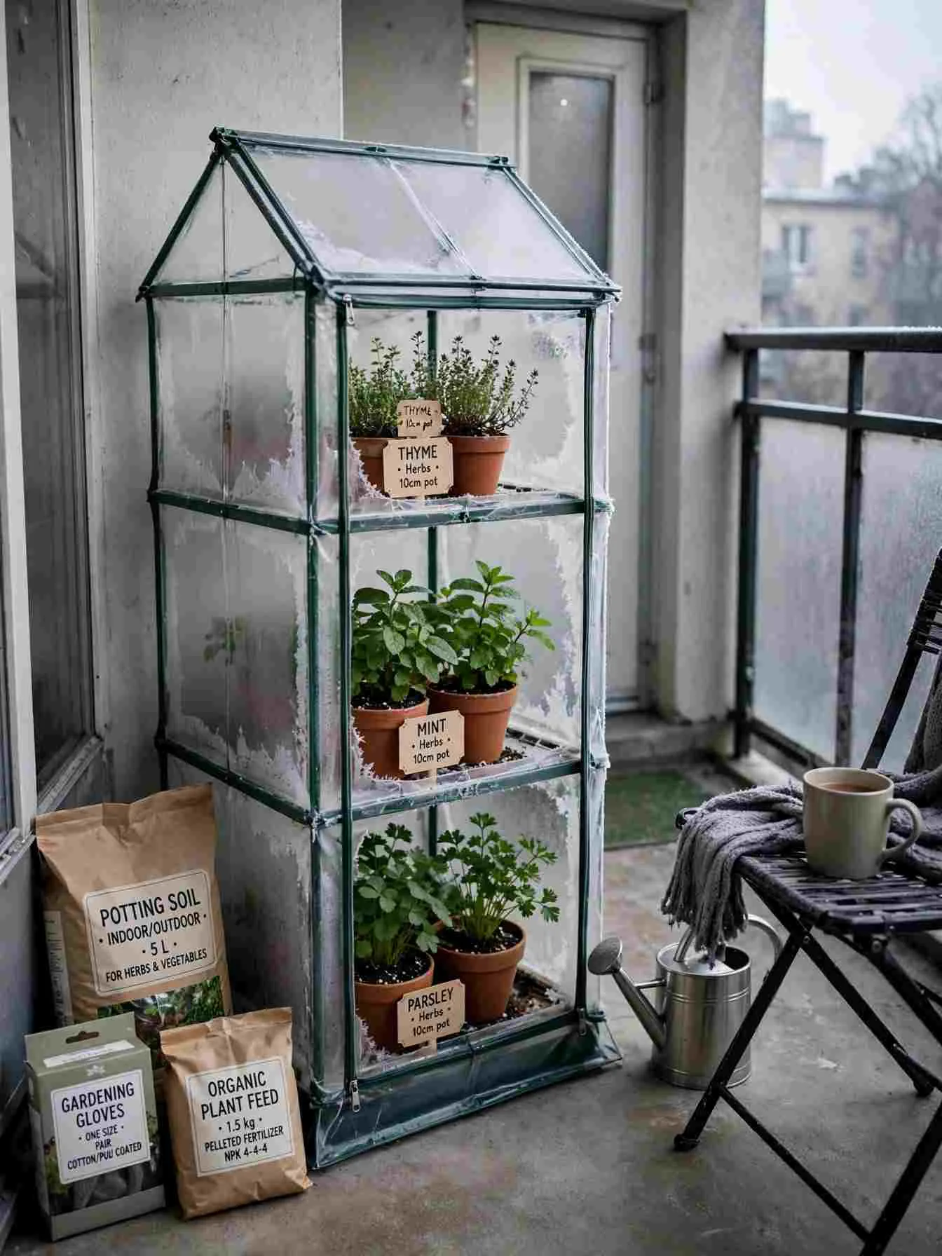 Small tiered mini greenhouse with clear frosted panels holding pots of thyme, mint and parsley on a balcony in winter morning light