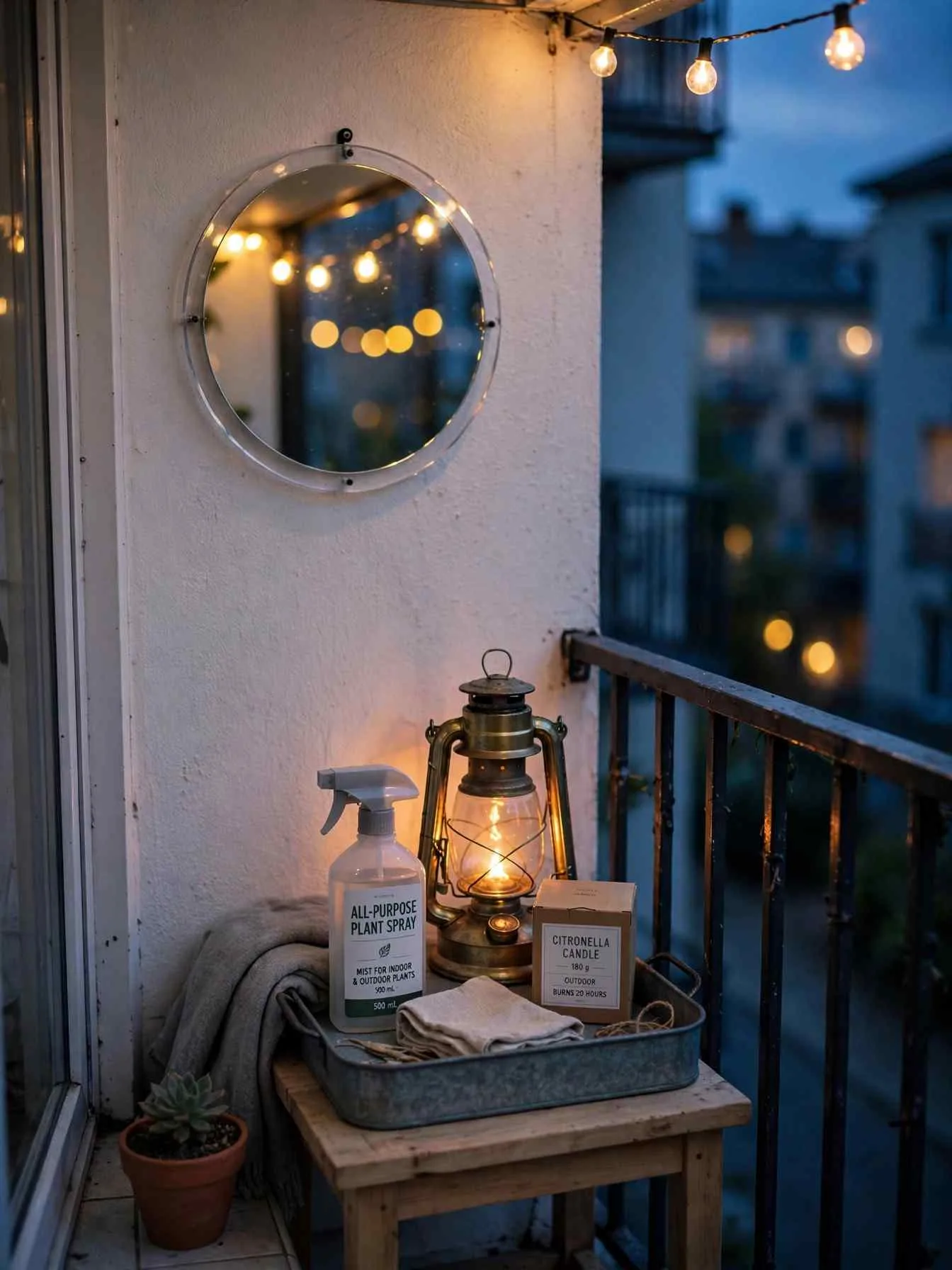 Small round acrylic mirror on a balcony wall reflecting warm string lights, with a brass lantern and galvanized tray on the side table below