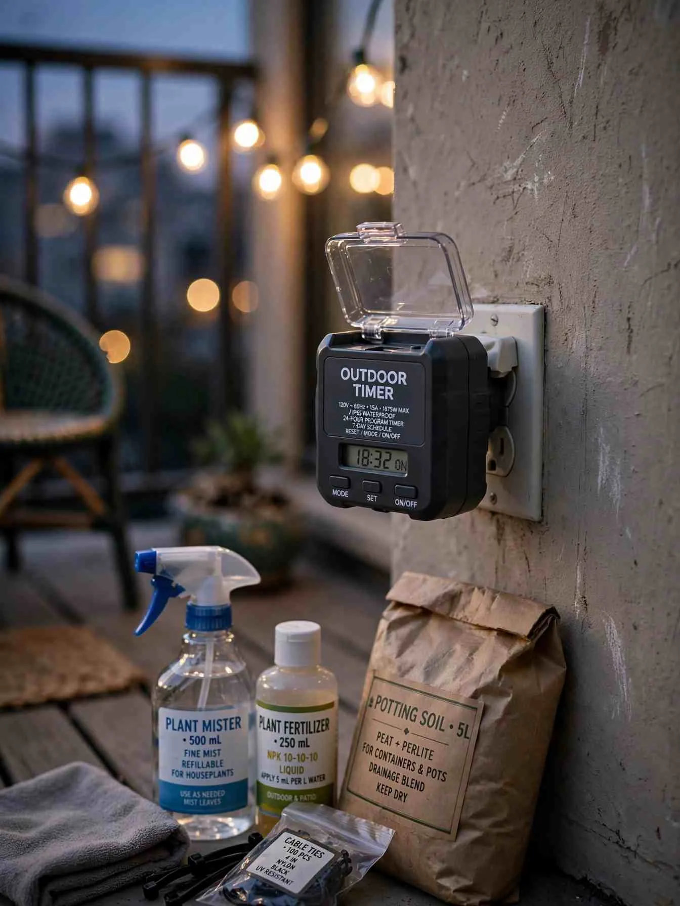 Close view of a weatherproof outdoor timer plug near a balcony wall outlet with string lights glowing behind, label reading OUTDOOR TIMER