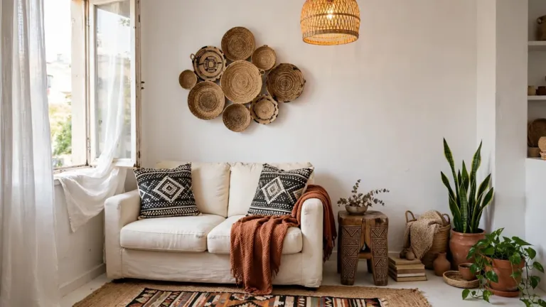 Afrobohemian home decor living room with mudcloth pillows, woven baskets, and rattan light