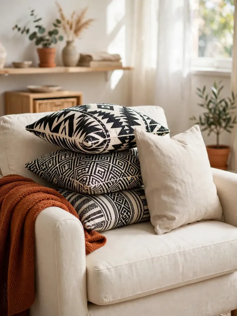 Black and white mudcloth pillows stacked on a small loveseat