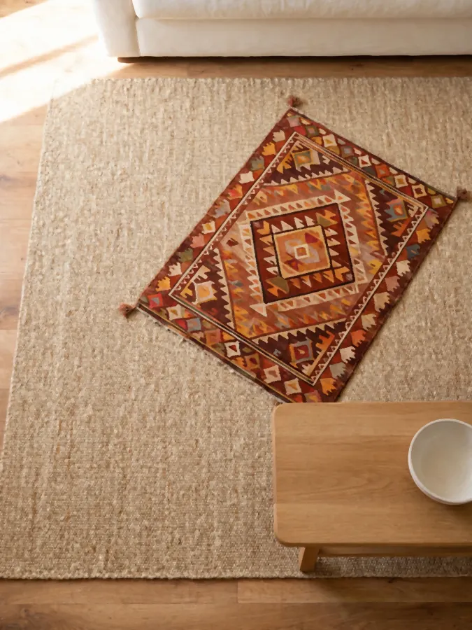 Jute rug layered with a smaller patterned rug in a small living room