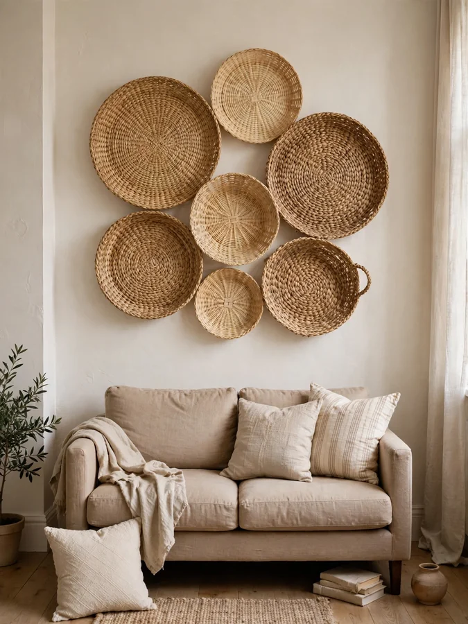 Cluster of flat woven baskets hung as wall art above a sofa