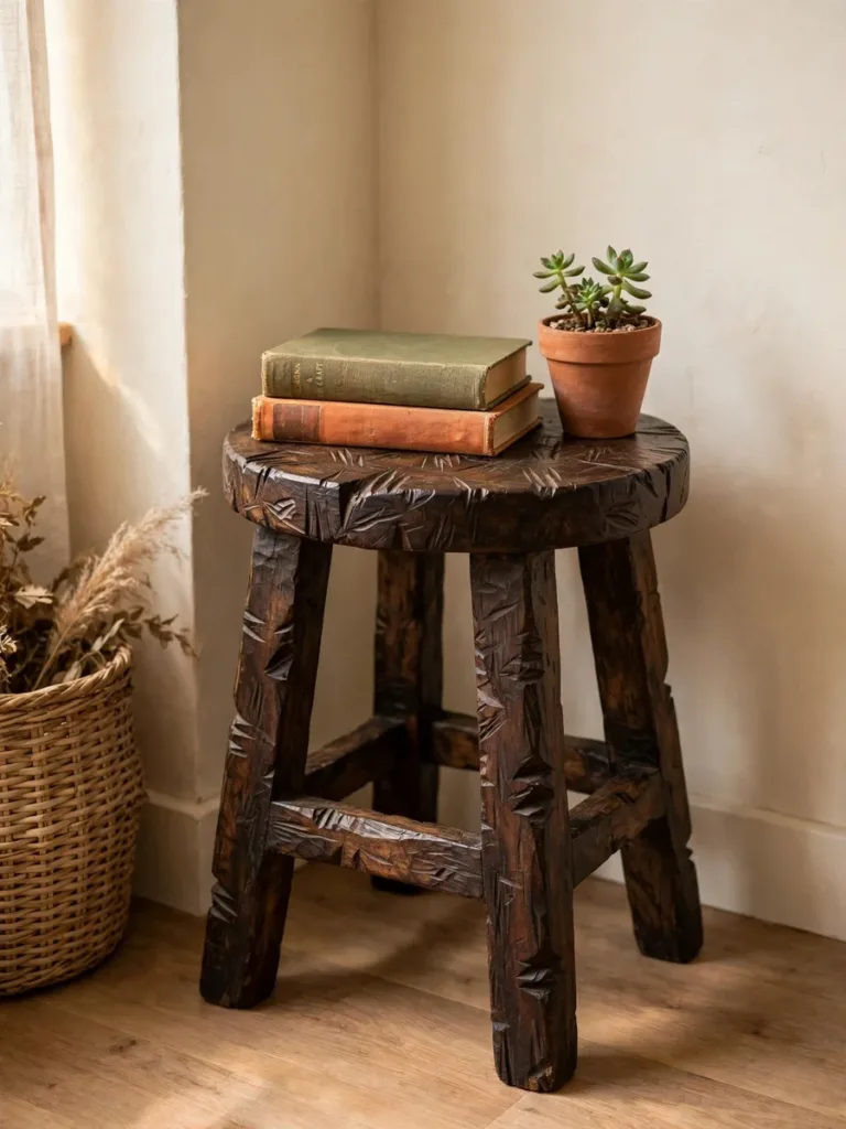 Hand-carved acacia wood stool styled in a small apartment corner