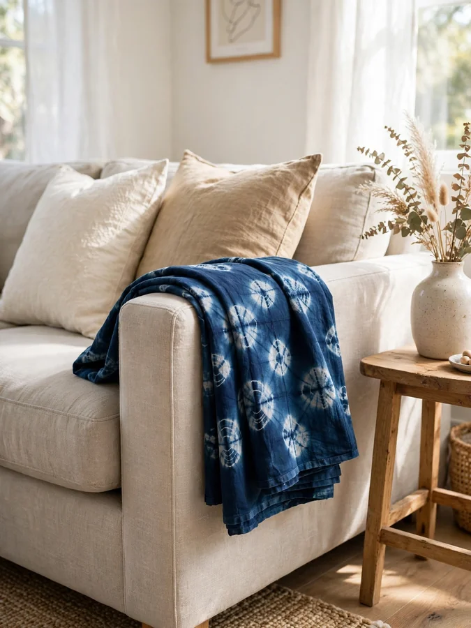 Deep blue adire indigo throw draped over a neutral sofa arm