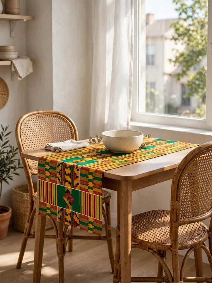 Colorful kente-inspired runner on a small apartment dining table