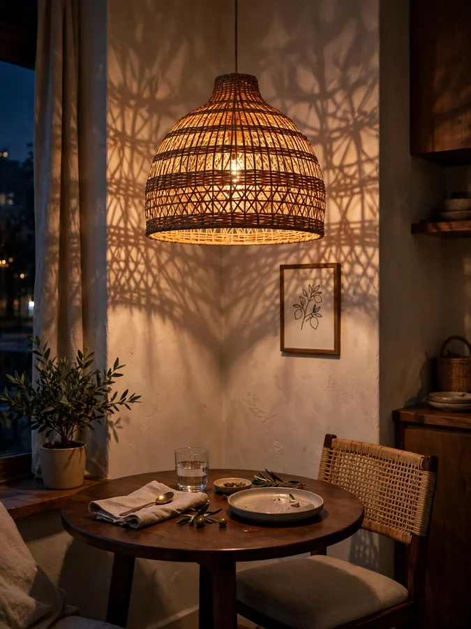 Woven rattan pendant light glowing warm over a small dining table
