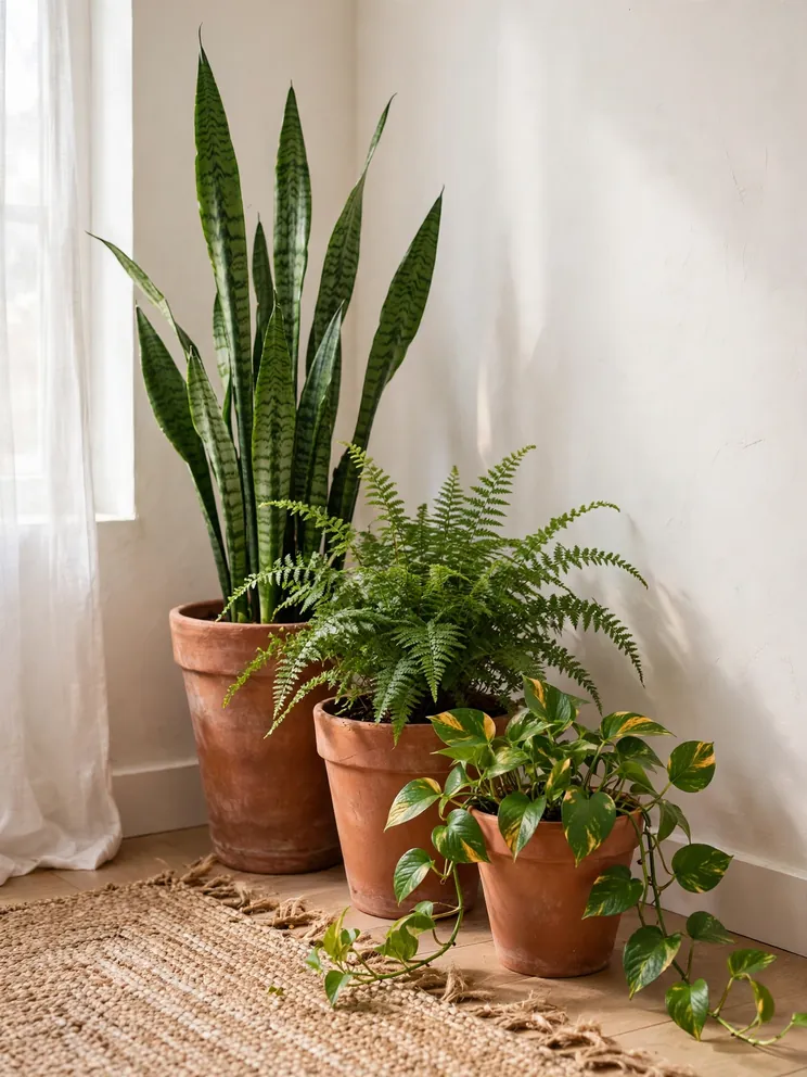 Cluster of terracotta pots with snake plant and pothos in a corner
