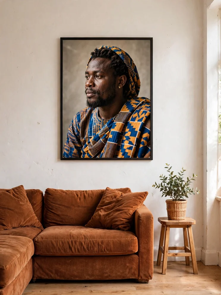 Large framed African portrait art hung above a small sofa