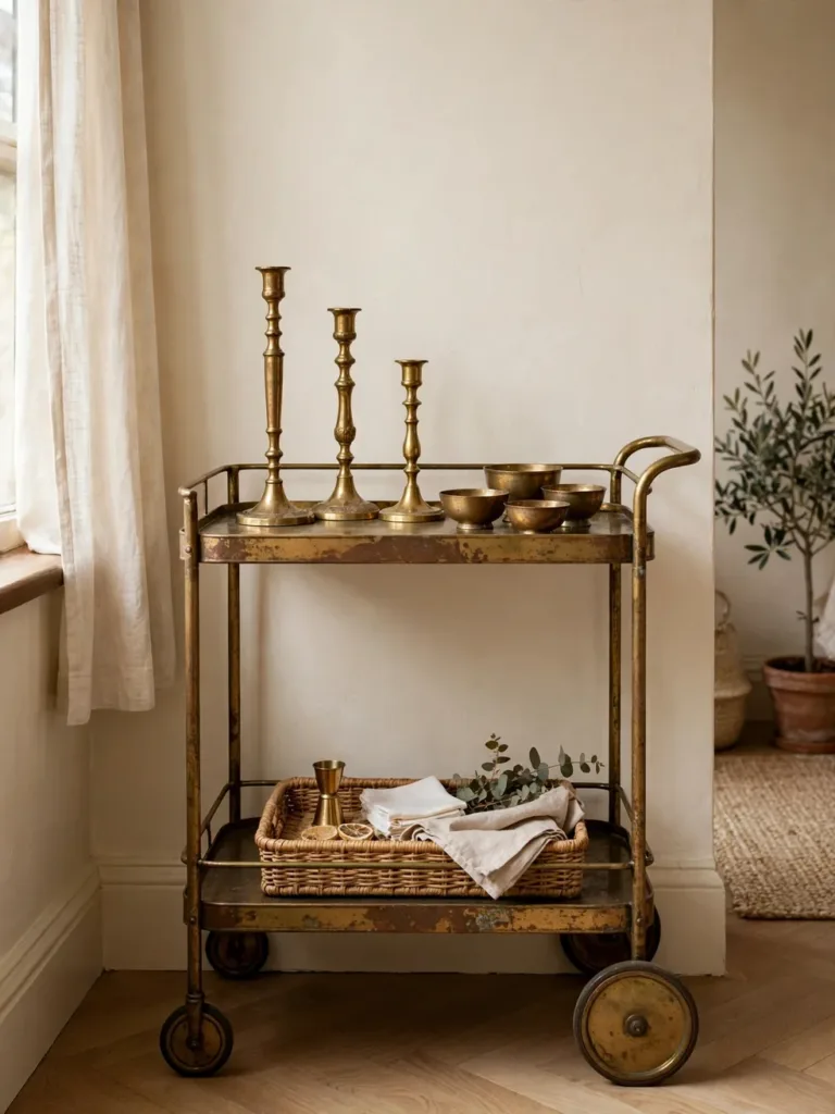 Vintage brass candlesticks styled on an antique bar cart