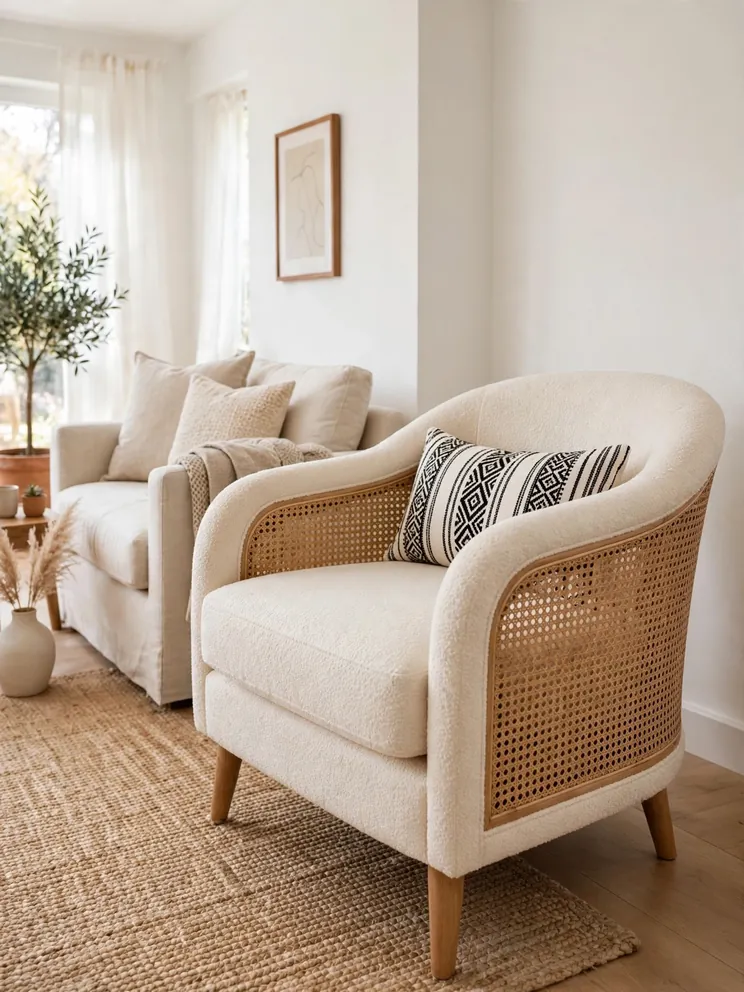 Cream boucle armchair with cane detailing and mudcloth pillow
