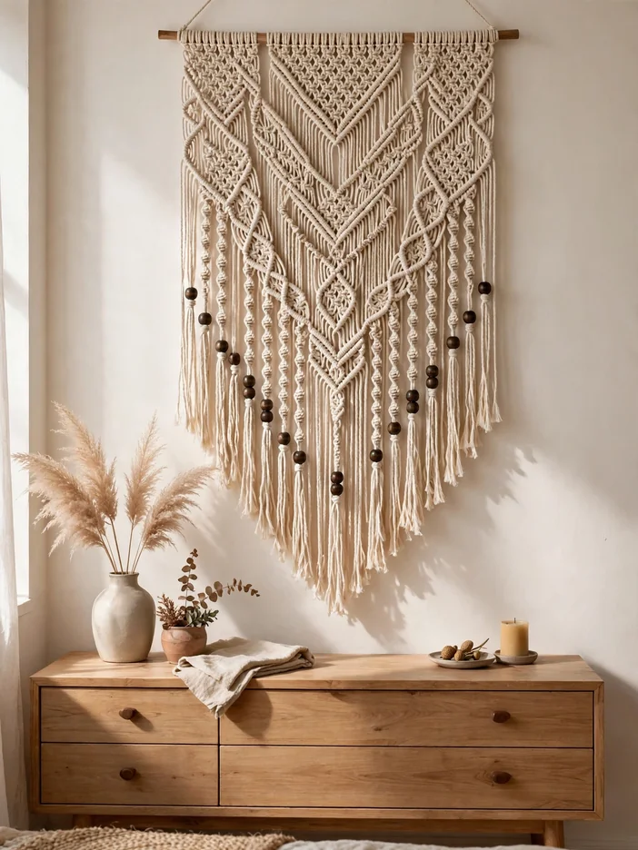 Natural macrame wall hanging with wooden beads on a bedroom wall
