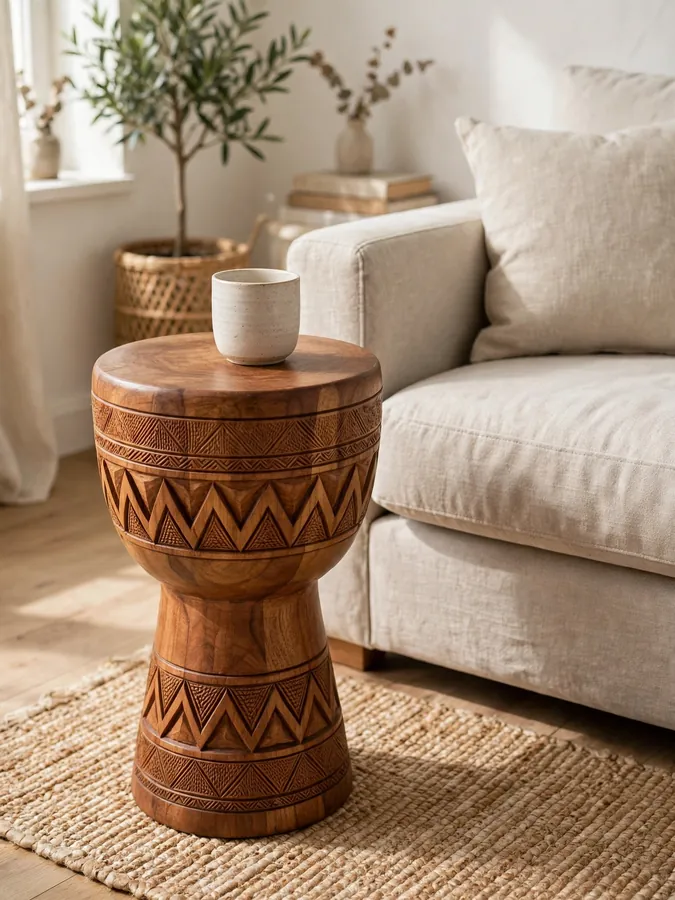 Carved djembe drum shaped wooden side table beside a sofa