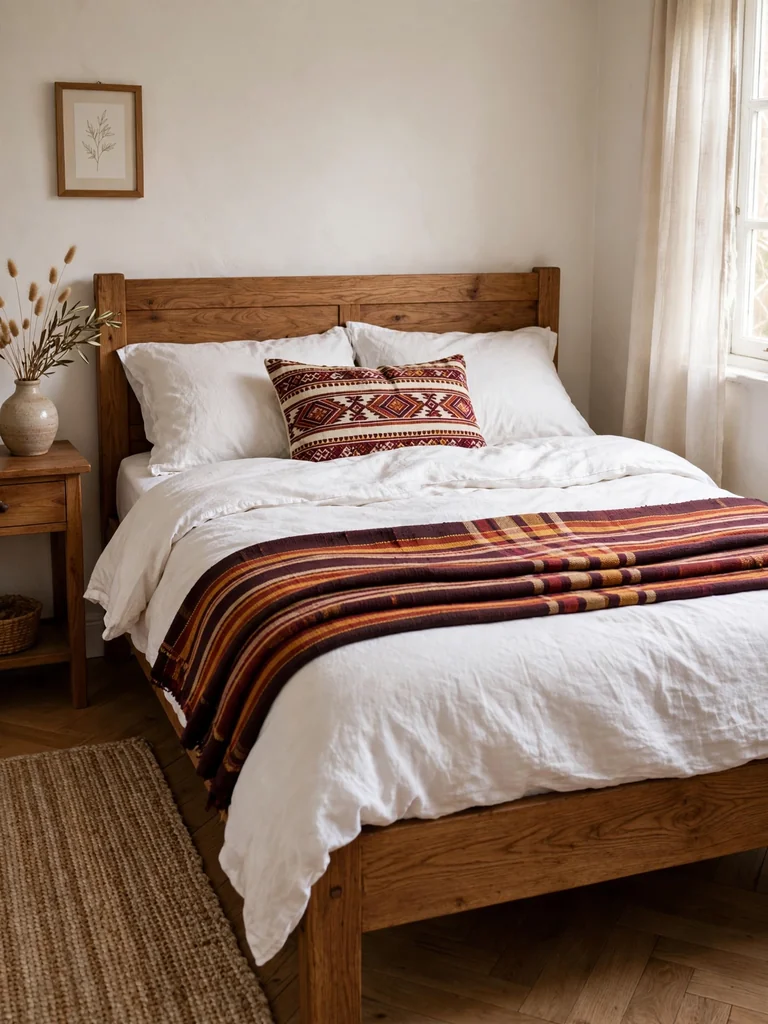 Strip-woven aso-oke throw in rust tones folded at the foot of a bed