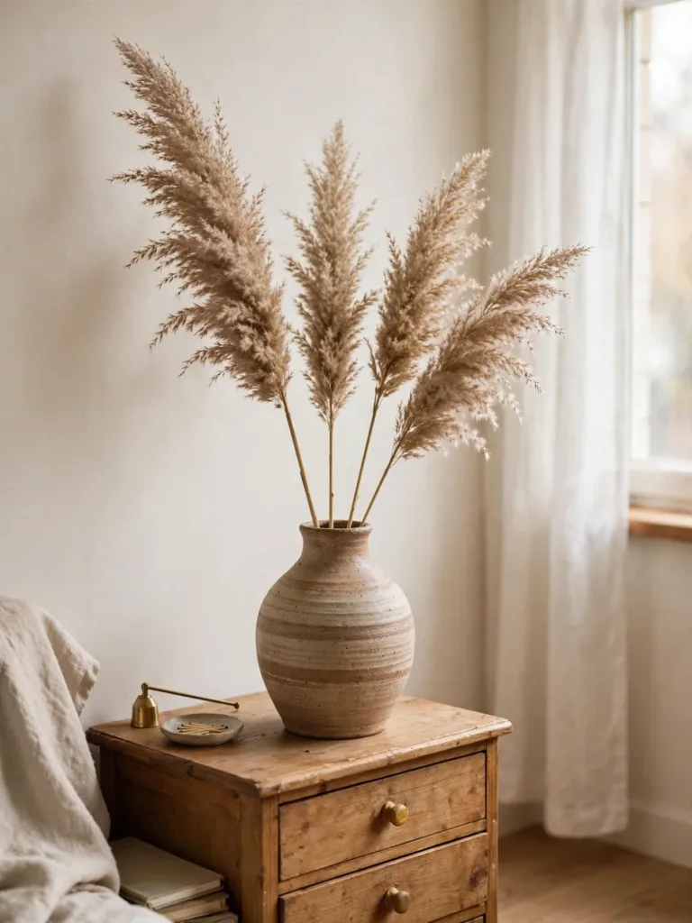 Dried pampas grass stems in a handmade ceramic vase on a dresser