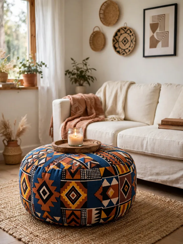 African print patterned pouf beside a small sofa