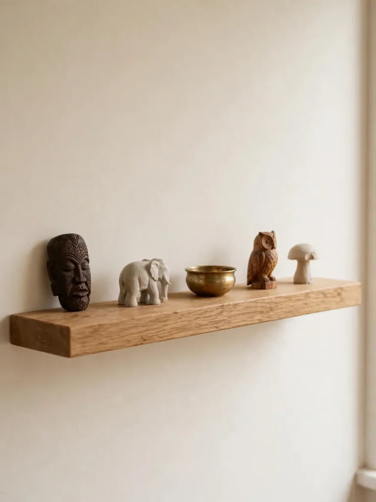 Floating shelf with small carved wood figures and brass objects
