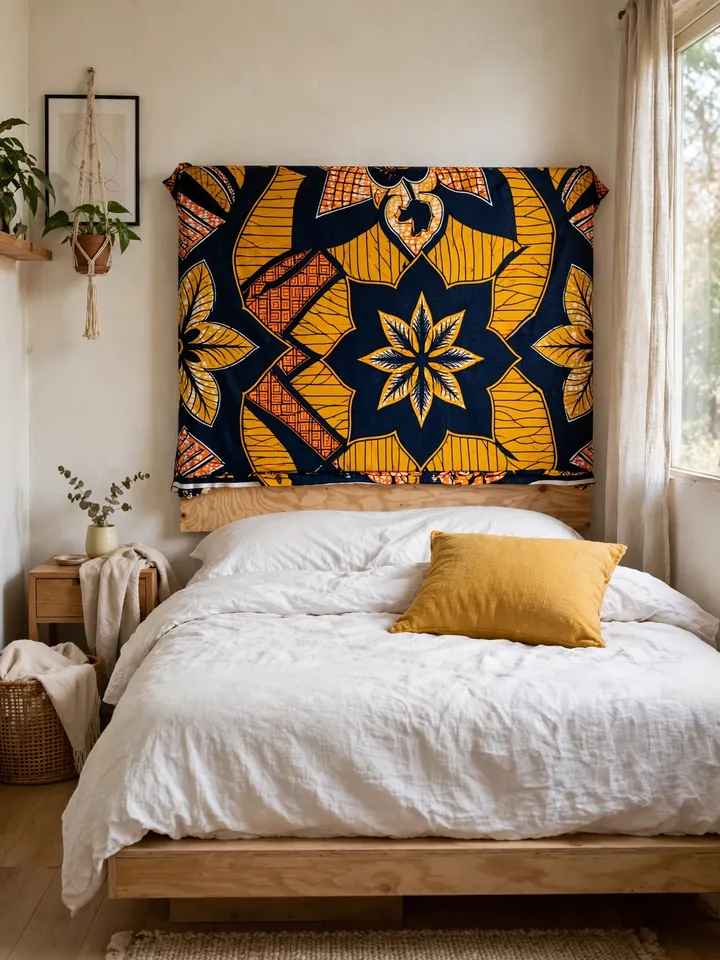 Bedroom with bold African print fabric headboard panel behind the bed