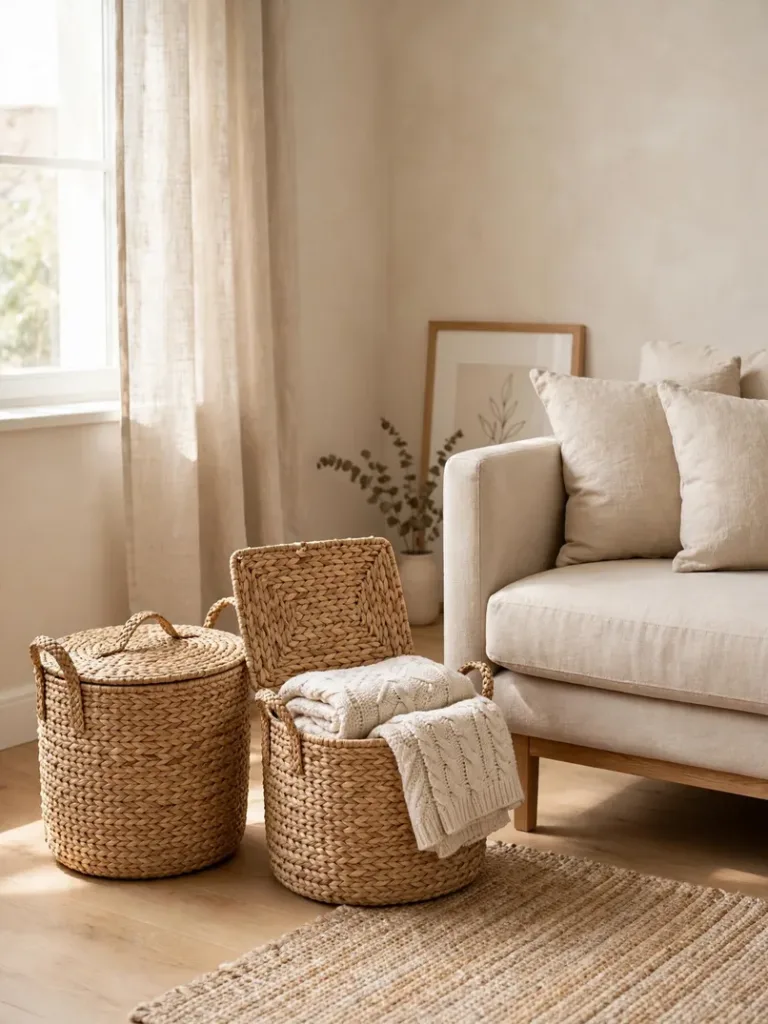 Lidded seagrass baskets used as stylish storage in a living room