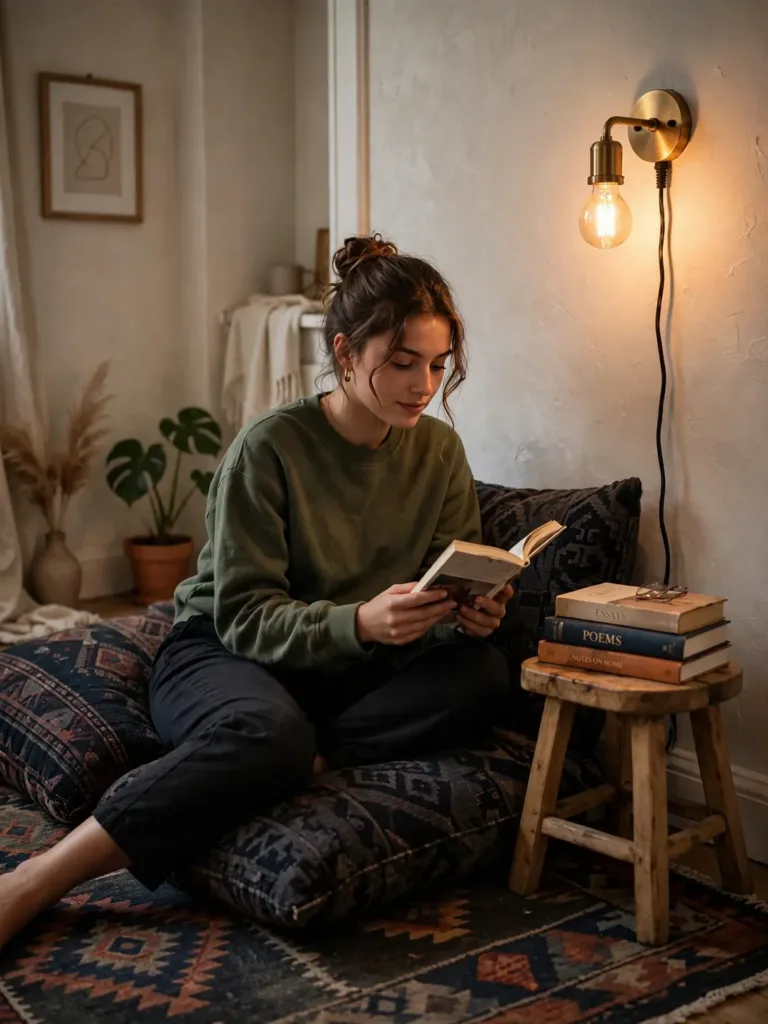 Cozy floor cushion reading corner with kilim rug in a small apartment