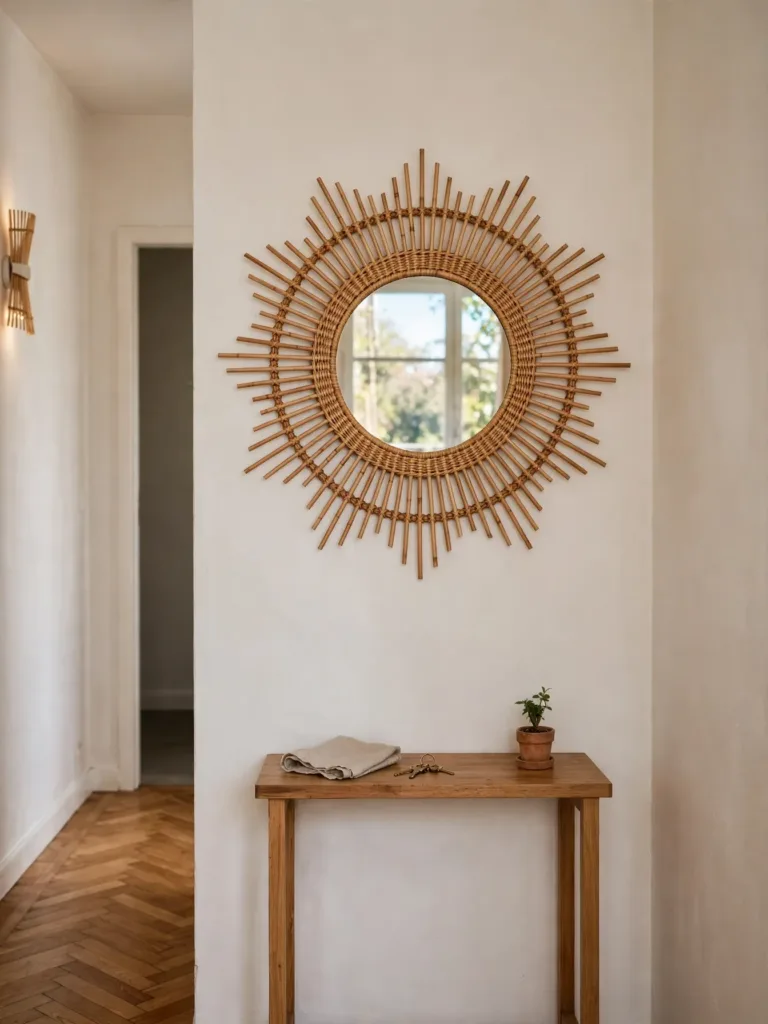 Rattan sunburst mirror hanging in a small apartment hallway