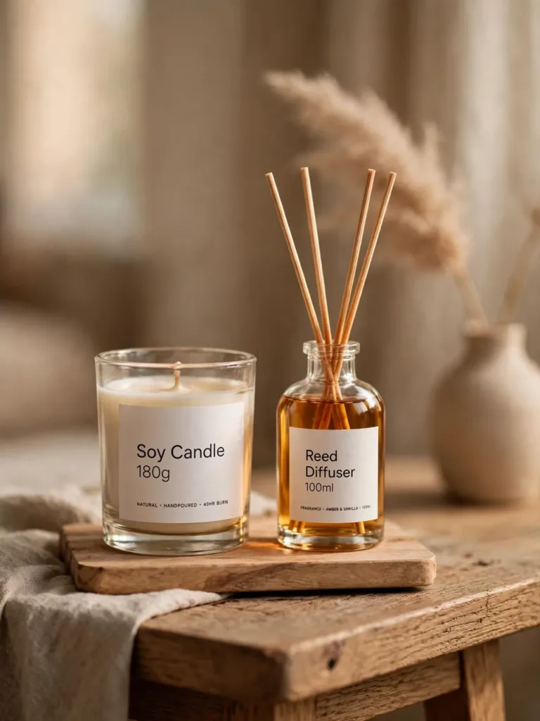 Tray with labeled soy candle and reed diffuser on a side table
