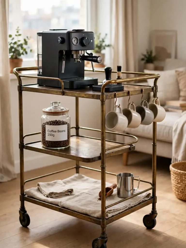antique bar cart as coffee station with espresso machine and labeled coffee bean canister