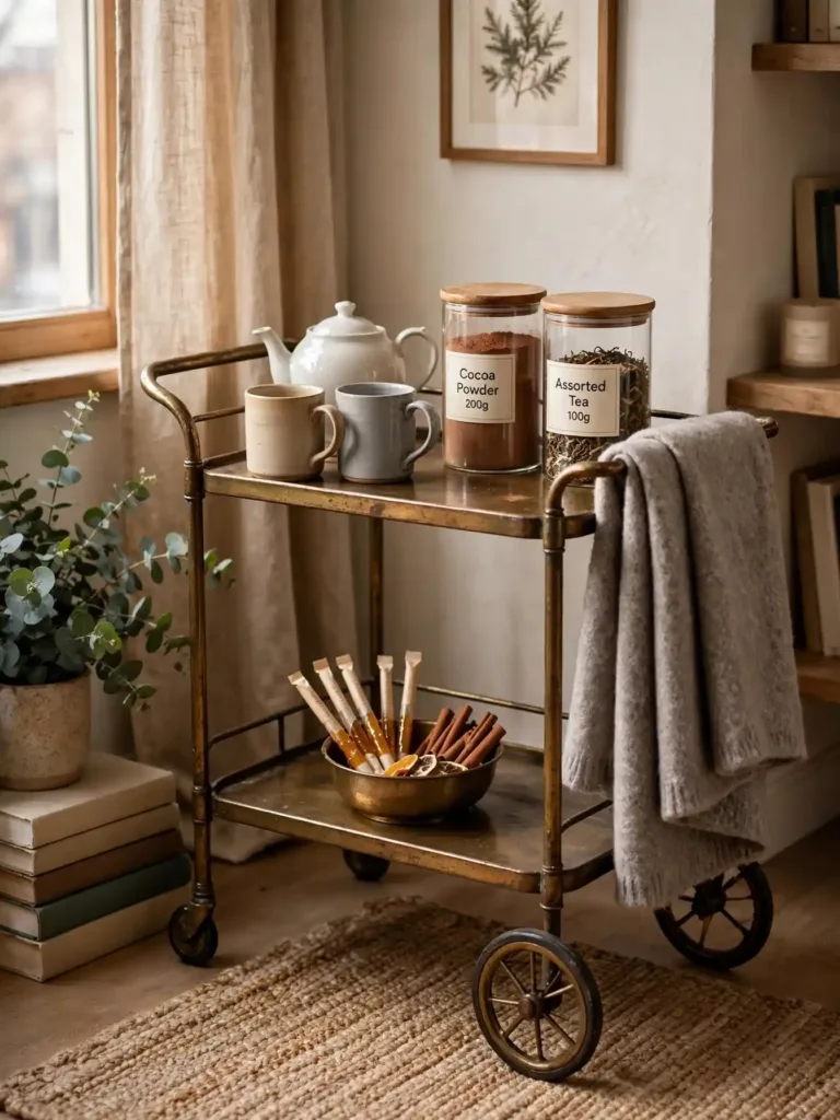 antique bar cart styled as tea and cocoa station with labeled canisters