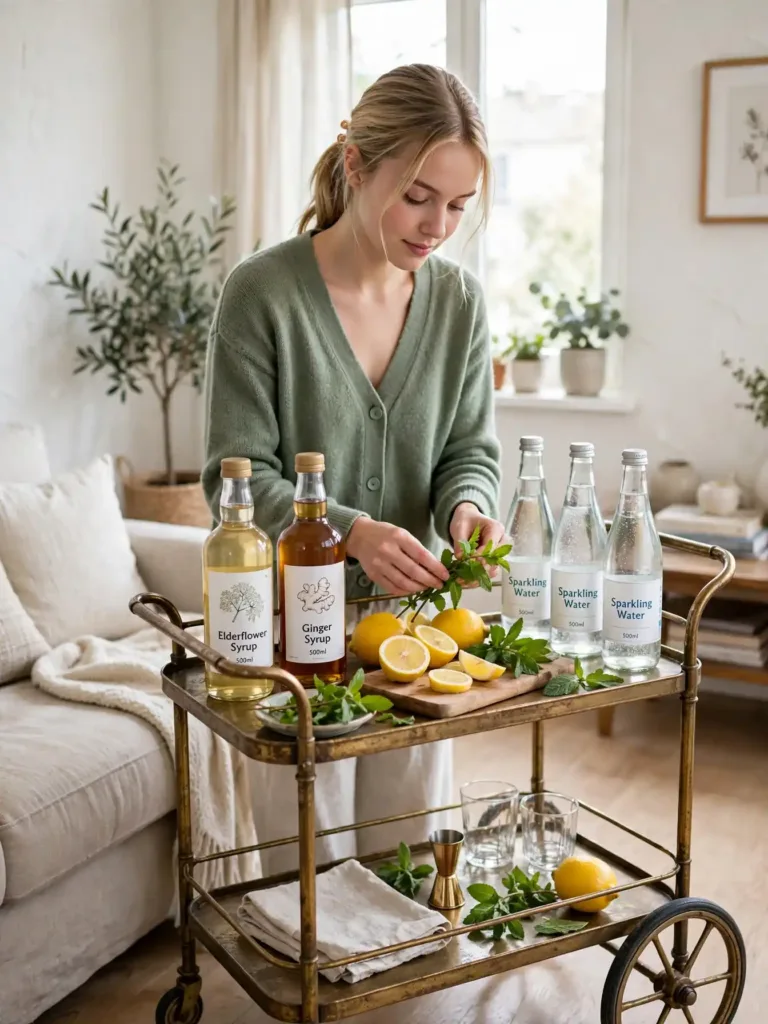woman styling a mocktail antique bar cart with syrups citrus and mint