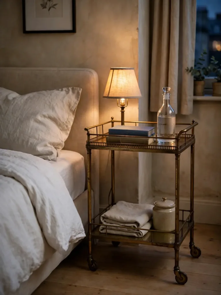 slim antique bar cart as bedside nightstand with lamp books and water carafe