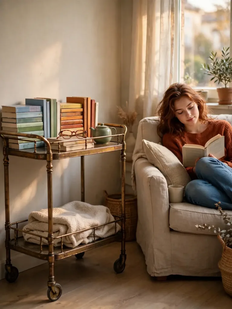antique bar cart as rolling book cart beside woman reading in armchair
