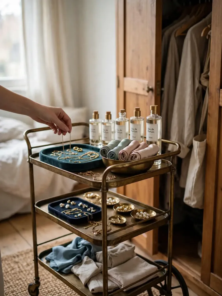 antique bar cart as closet accessory station with jewelry and perfume bottles